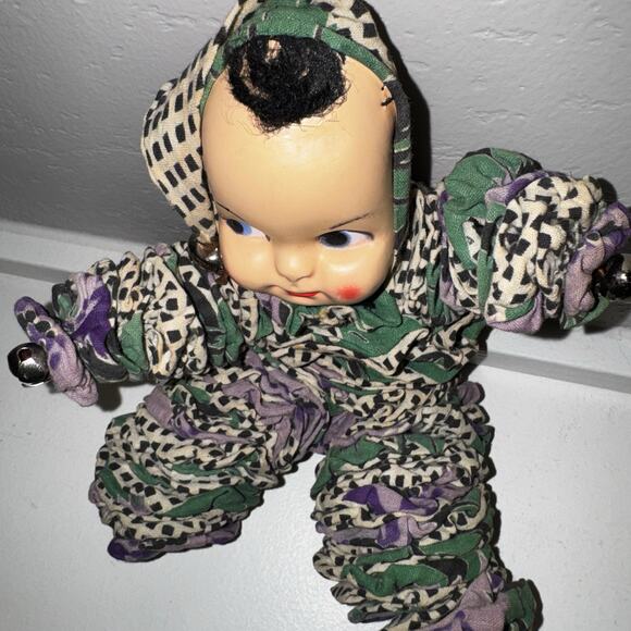 Vintage 1940s-50s Composition Clown Doll – Handmade Fabric Jester with Bells - Picture 2 of 6